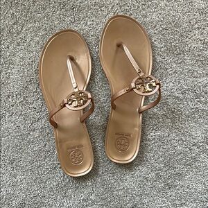Tory Burch Tan Sandals with Gold Emblem